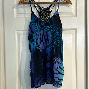 Decree Purple Turquoise and Black Butterfly Wings Cotton Tank crocheted Back